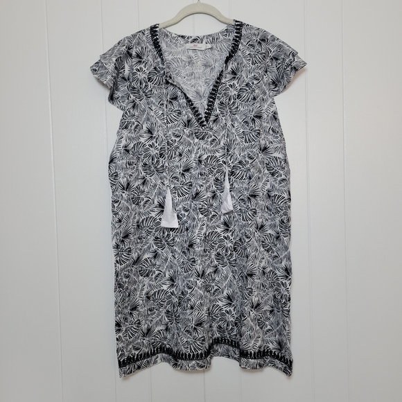 NWT Vineyard Vines Linear Palms Tunic Dress 100% Linen Black White Tassel Tie LG - Picture 4 of 16